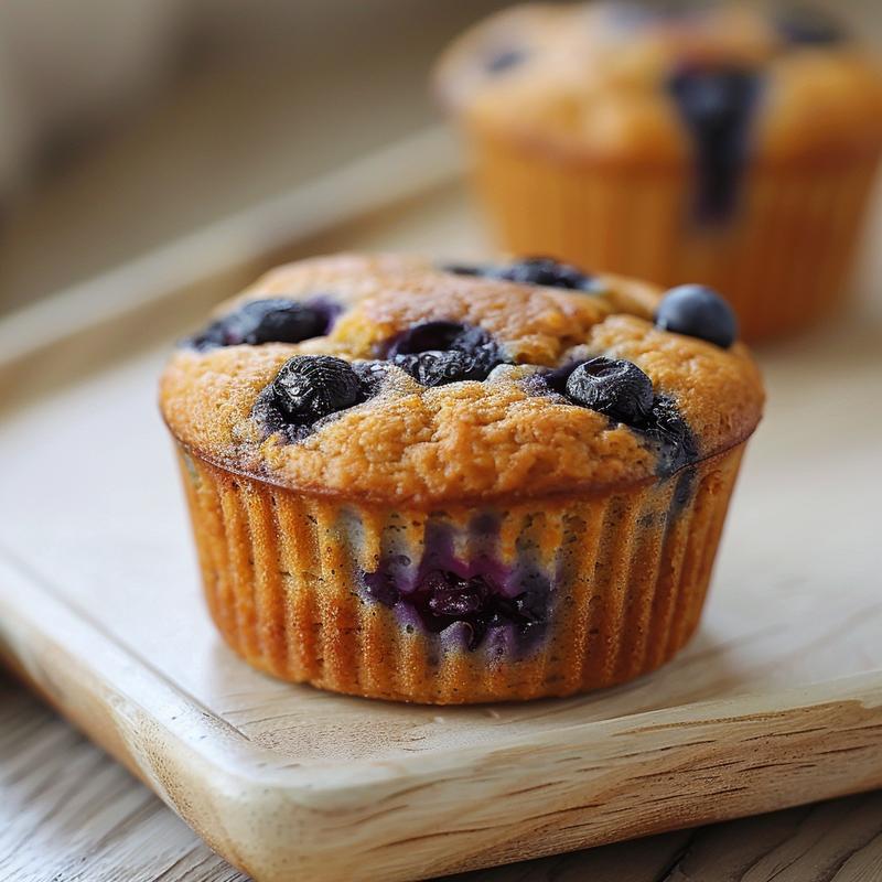 A close-up view of high protein low carb blueberry muffins on a natural wood board.