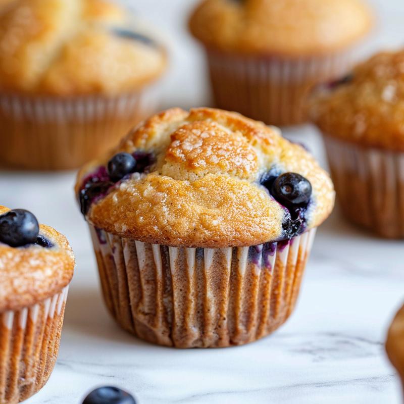 Close-up of a freshly baked lemon blueberry muffin showcasing its texture and color against a white marble background.