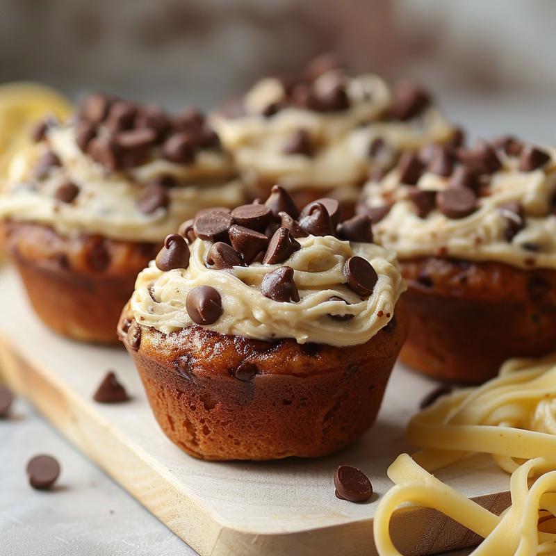 Close-up of a chocolate chip dairy-free muffin on a wooden board, showcasing a soft texture and chocolate chunks.