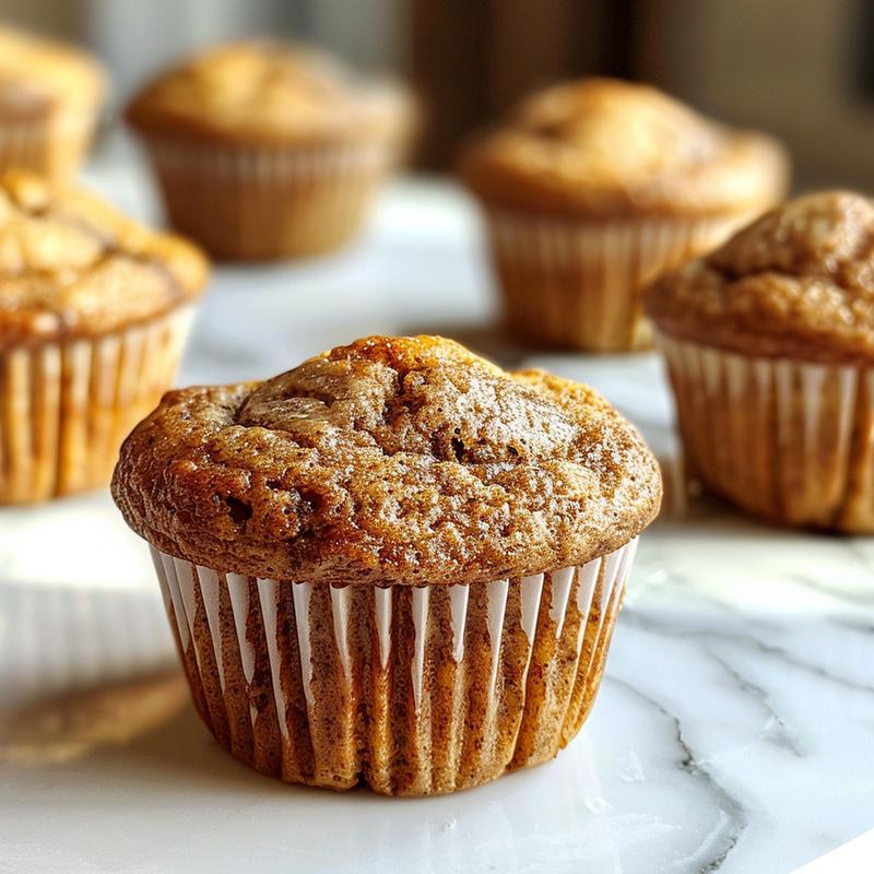 Close-up view of sugar-free vegan banana muffins on a white marble surface.