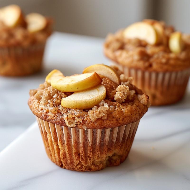 Close-up of freshly baked apple toddler muffins on a white marble surface.