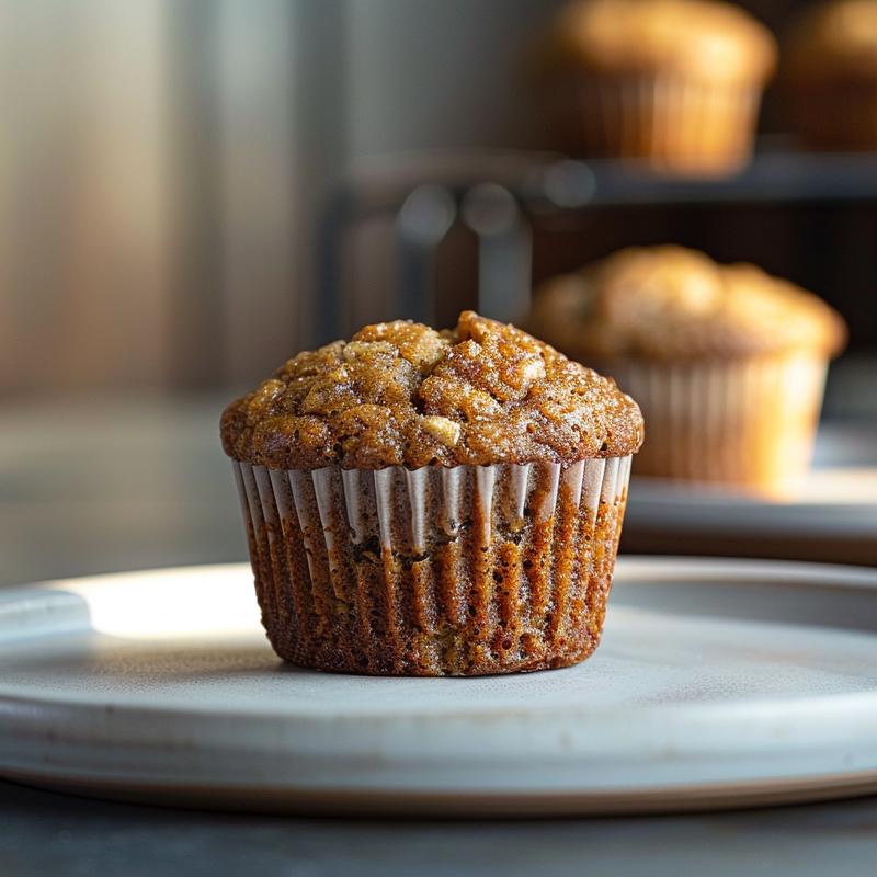 A close-up view of eggless banana muffins on a light grey ceramic plate, showcasing their texture.