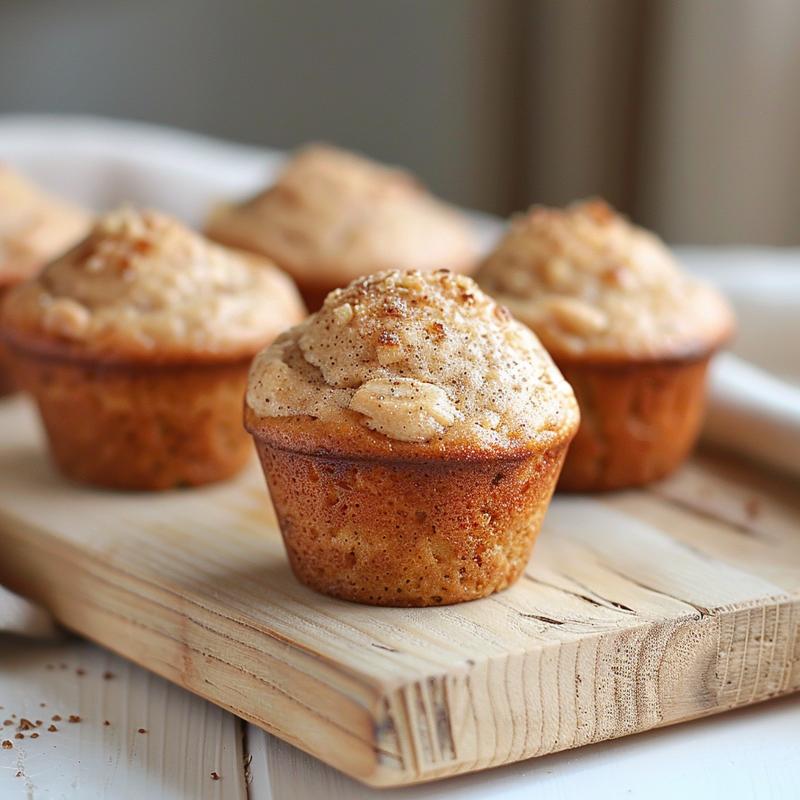Close-up view of golden-brown eggless banana muffins on a light wood board.