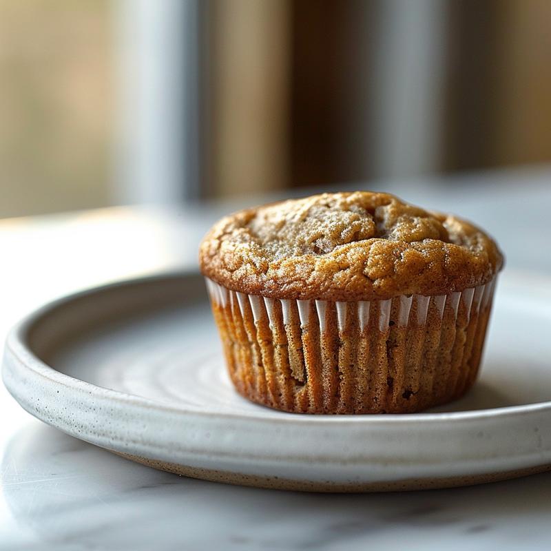 Close-up image of eggless banana muffins on a light grey ceramic plate.