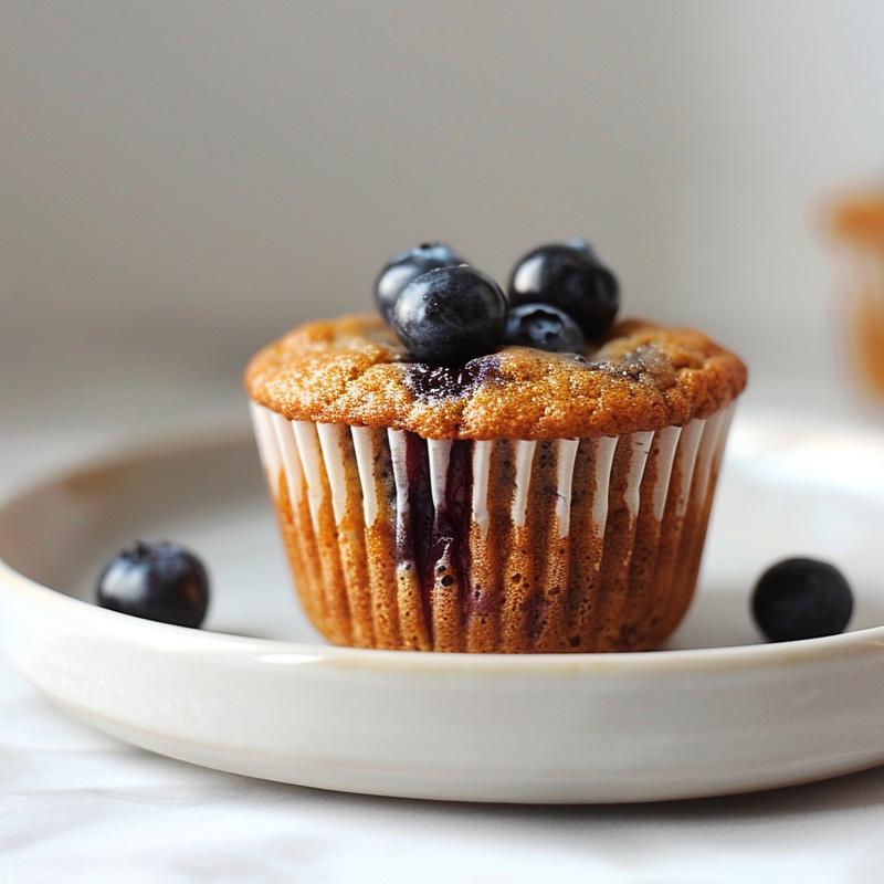 Close-up view of a moist blueberry muffin on a light grey ceramic plate.