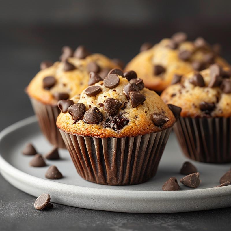 Close-up of a moist, eggless chocolate chip muffin on a light grey ceramic plate.