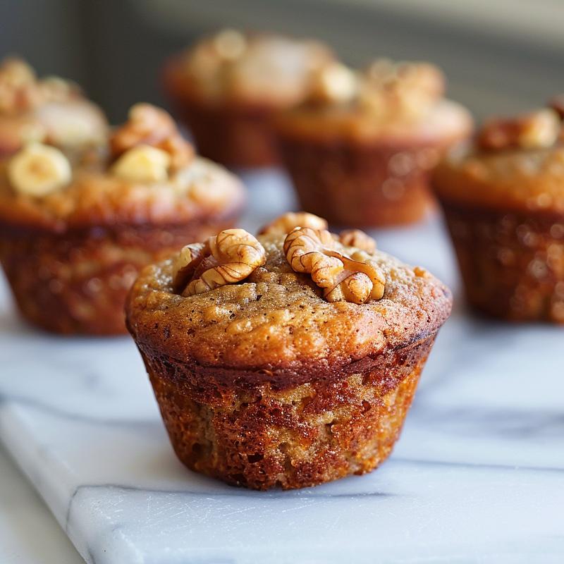 Extreme close-up of moist banana walnut muffins on a white marble background.