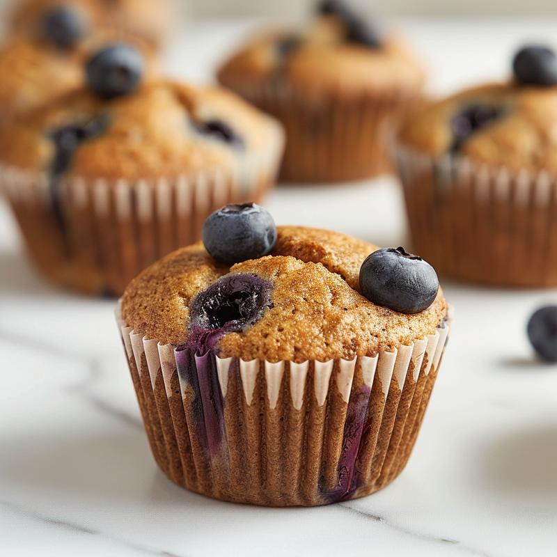 Close-up of almond flour blueberry muffins on a white marble surface.