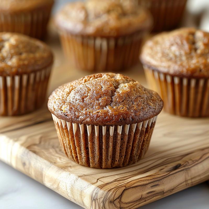 Close-up of almond flour banana muffins on a wooden board illuminated by natural light.