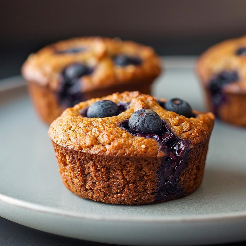Close-up of almond flour blueberry muffins on a light grey plate, showcasing texture and color.