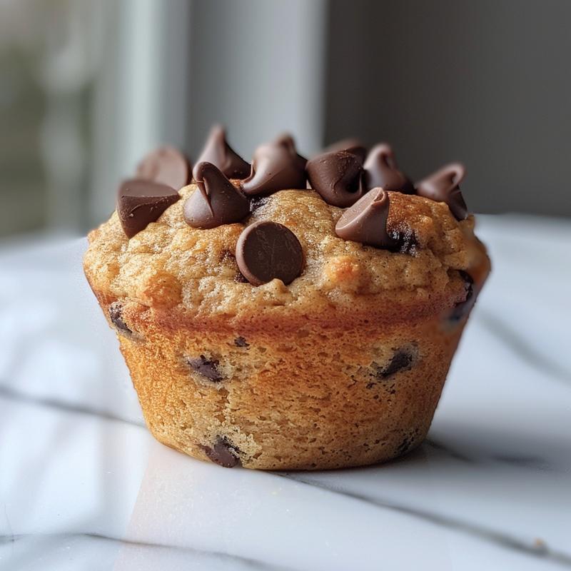 Close-up of a fluffy almond flour chocolate chip muffin on a marble surface.