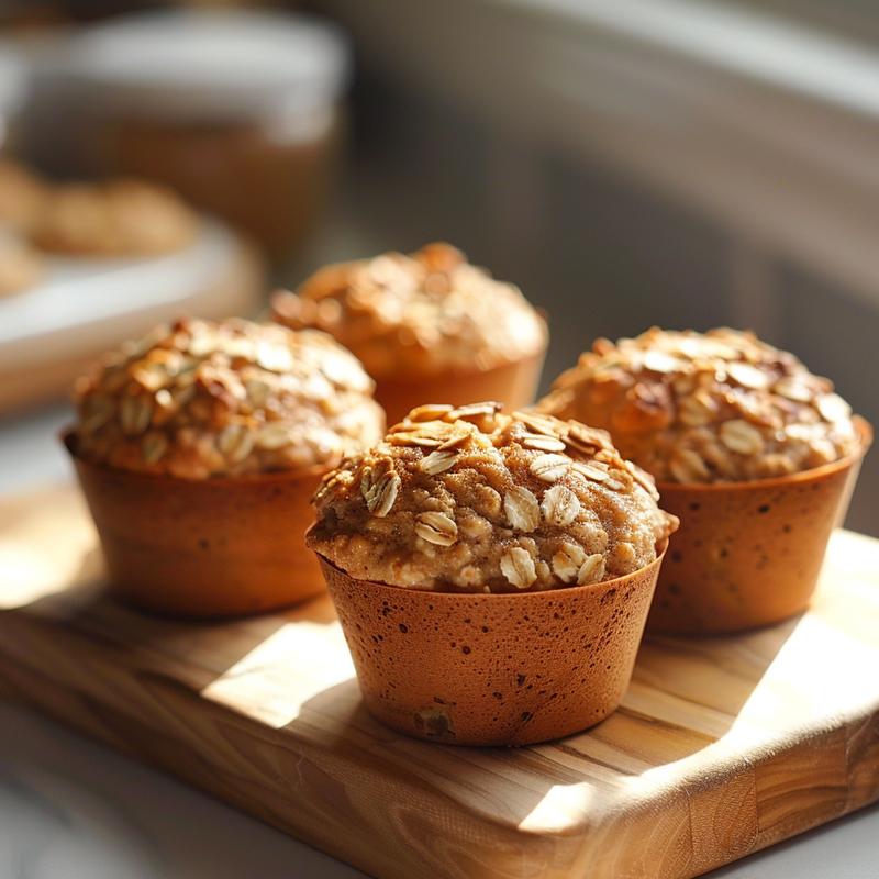 Close-up of oatmeal breakfast muffins on a light wood board, showcasing texture and color.