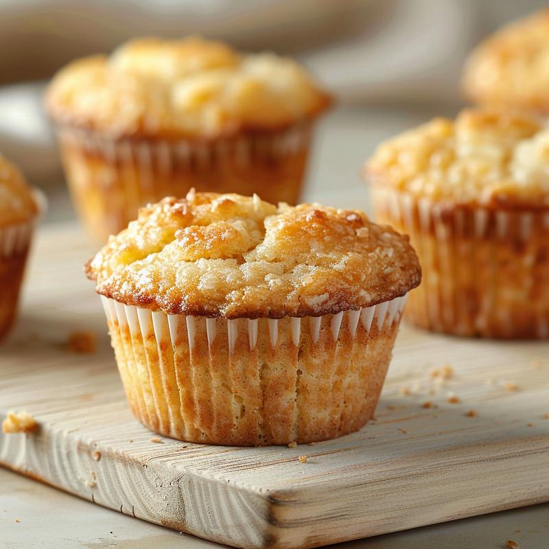 A close-up of coconut flour muffins, showcasing a moist texture and golden-brown crust on a light wooden board.