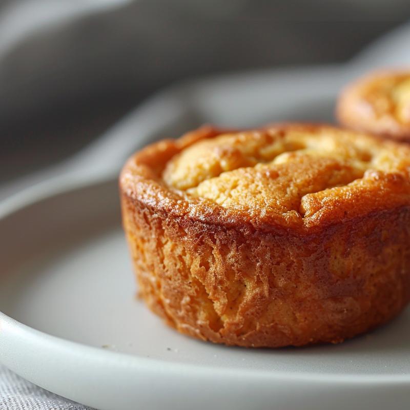 Close-up of low carb quark muffins on a light grey plate with soft shadows.