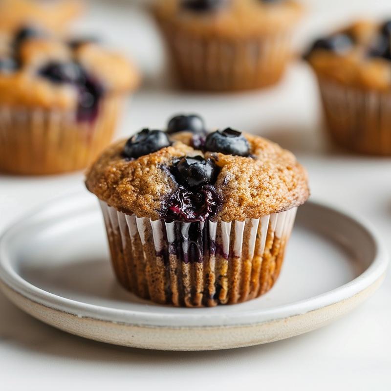 Close-up of moist almond flour blueberry muffins on a light grey plate.