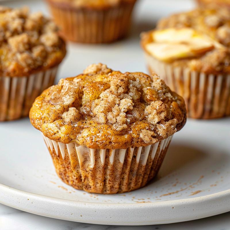 A close-up view of healthy apple cinnamon muffins on a grey ceramic plate, showcasing their texture and color.