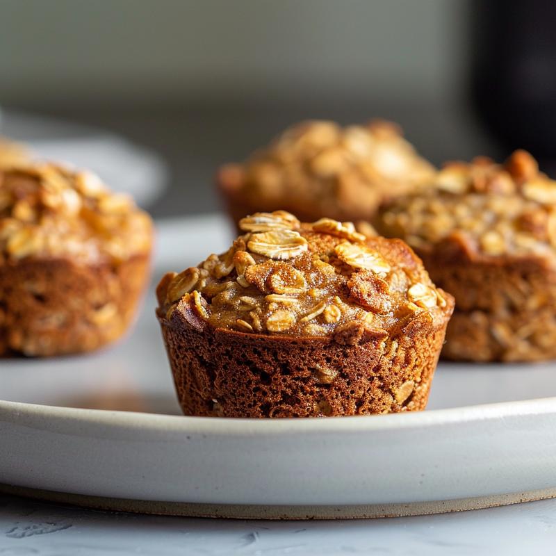 Close-up of golden brown maple oatmeal muffins on a light grey plate.