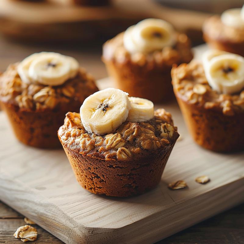 Close-up view of gluten-free banana oatmeal muffins on a light wood board.