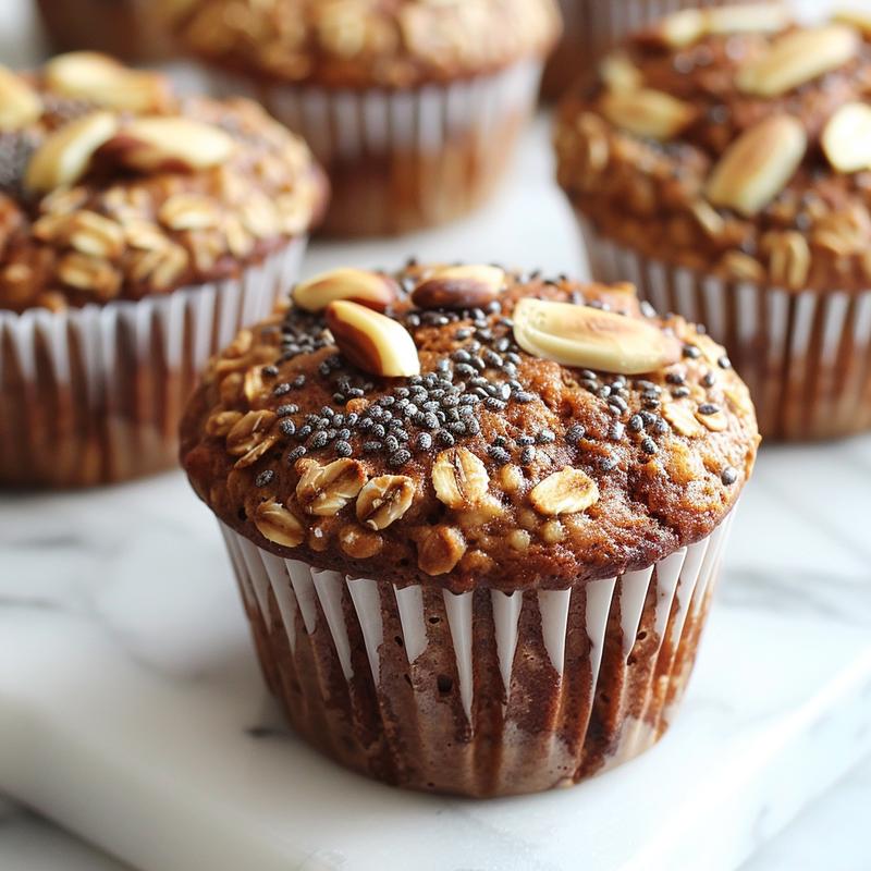 A close-up view of healthy oatmeal chia seed muffins on a white marble surface, showcasing their texture.