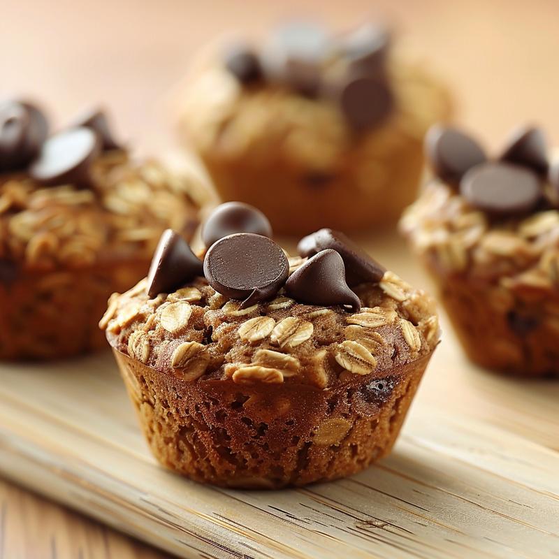 Extreme close-up of warm oatmeal chocolate chip muffins on a wooden board.