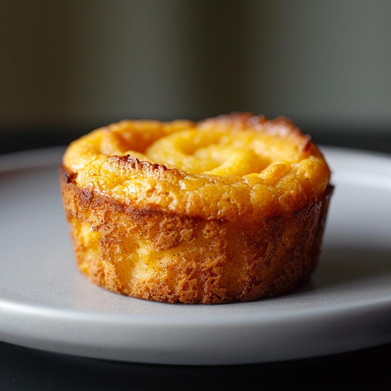 A close-up view of low carb käsekuchen muffins on a light grey ceramic plate.