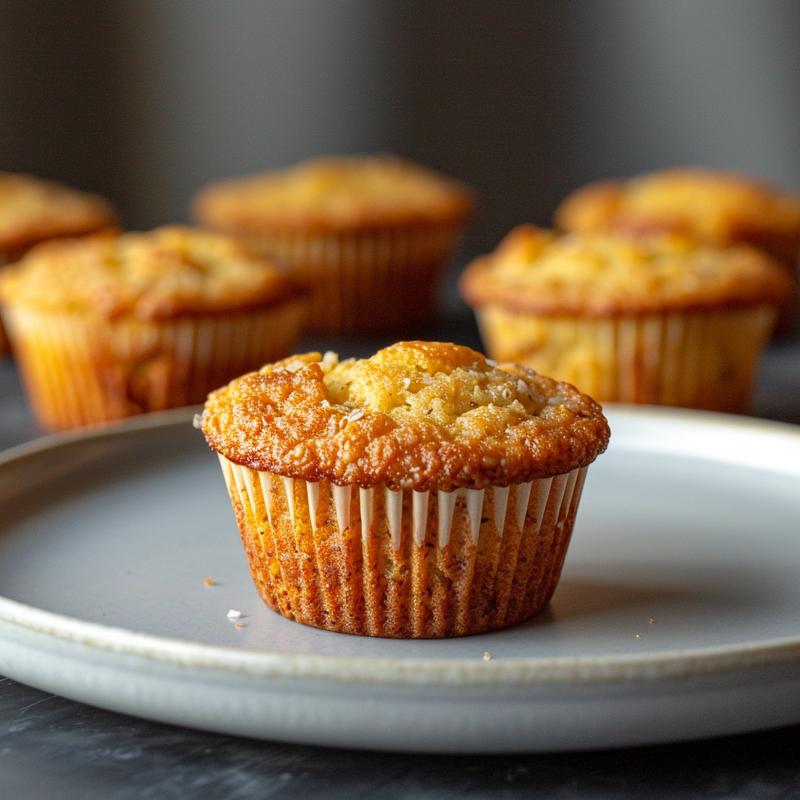 A close-up of keto coconut flour muffins on a light grey ceramic plate, showcasing their texture.