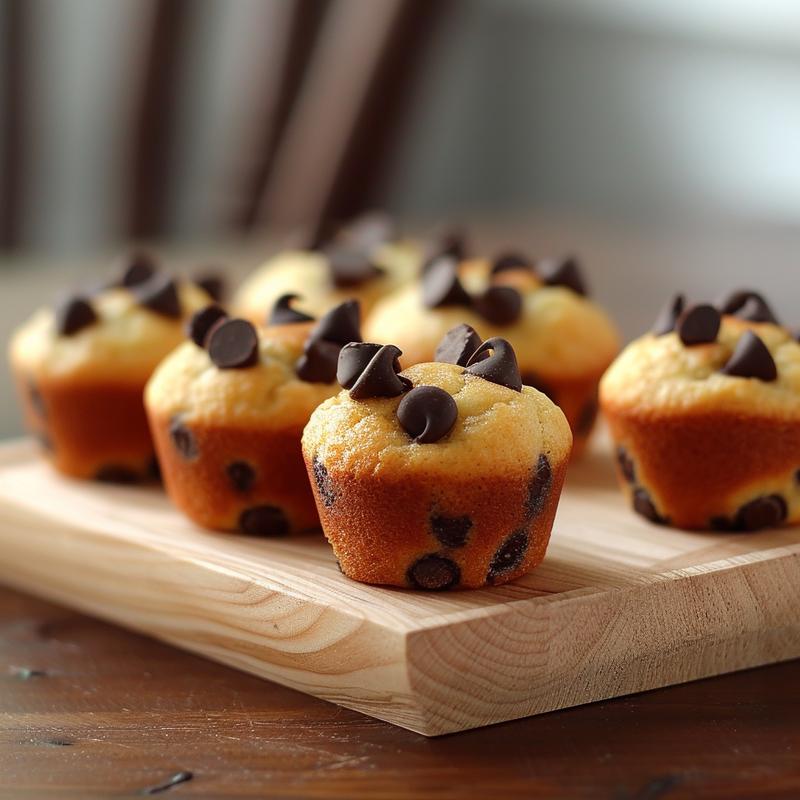 Close-up view of keto chocolate chip muffins on a light wood board, showcasing their texture and chocolate chips.