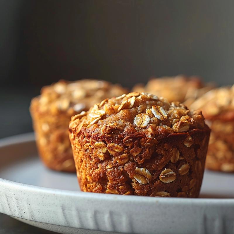 Close-up of oat apple muffins on a light grey ceramic plate with natural lighting.