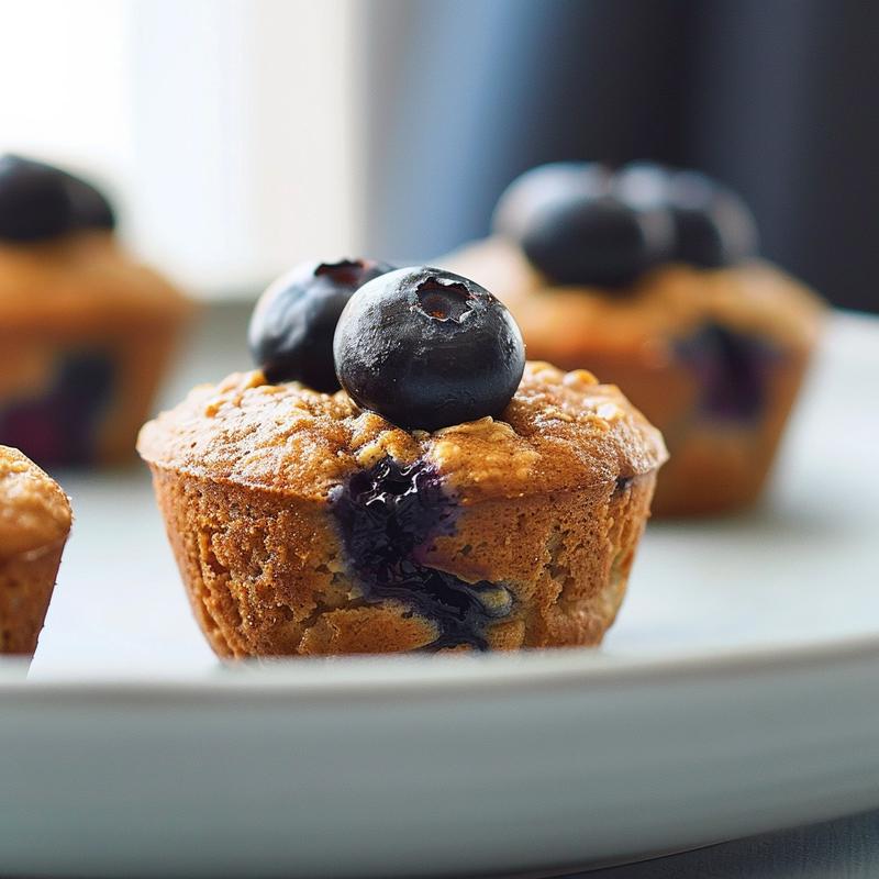 Close-up of a blueberry oatmeal muffin on a grey plate, showcasing its texture and blueberries.