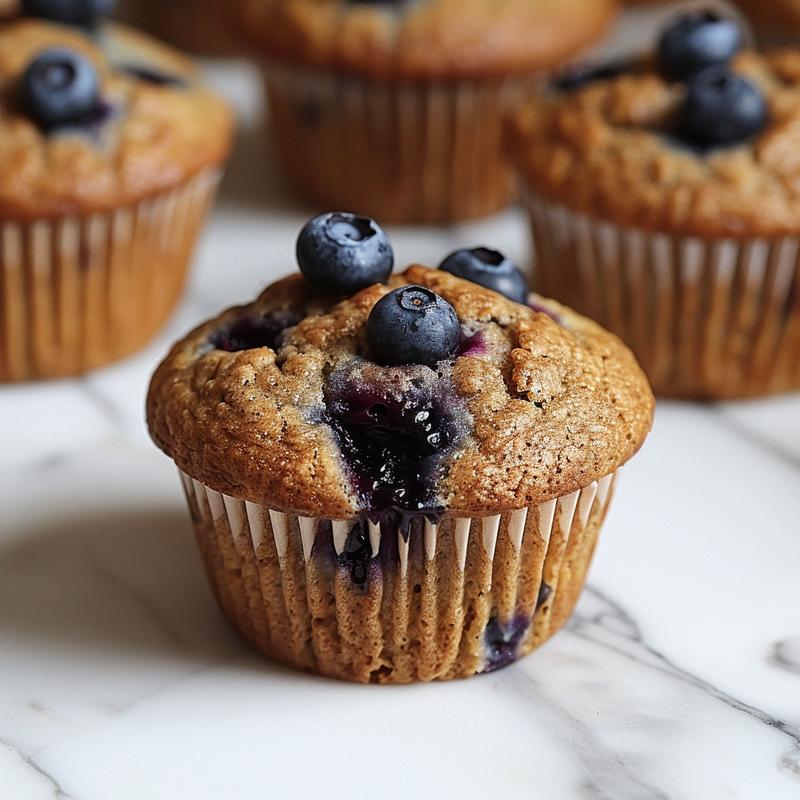 A close-up view of whole wheat blueberry muffins displaying their textured tops and blueberries on a white marble surface.
