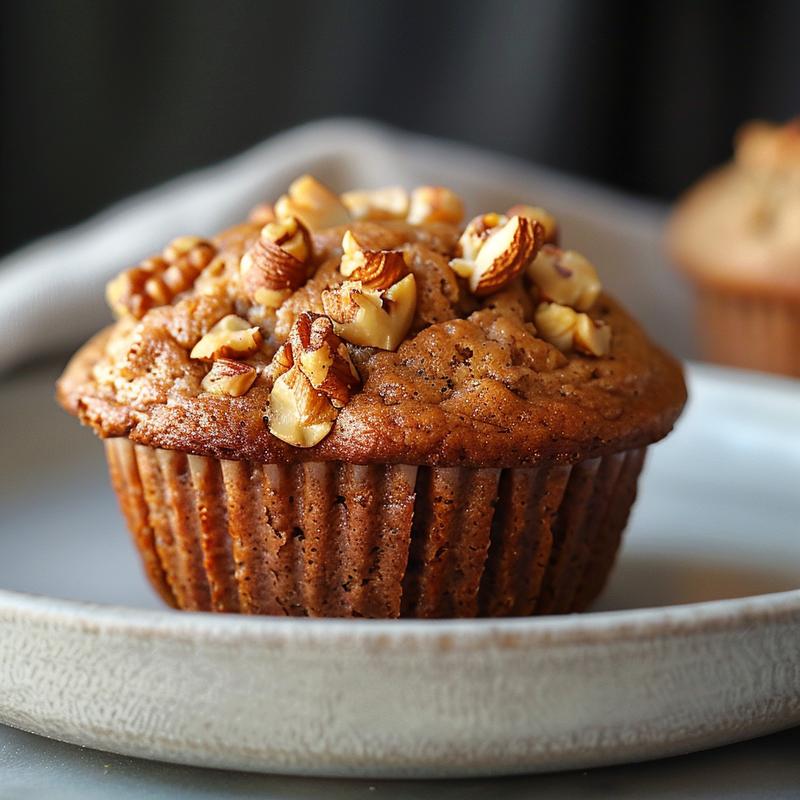 Close-up of whole wheat banana nut muffins on a grey ceramic plate.