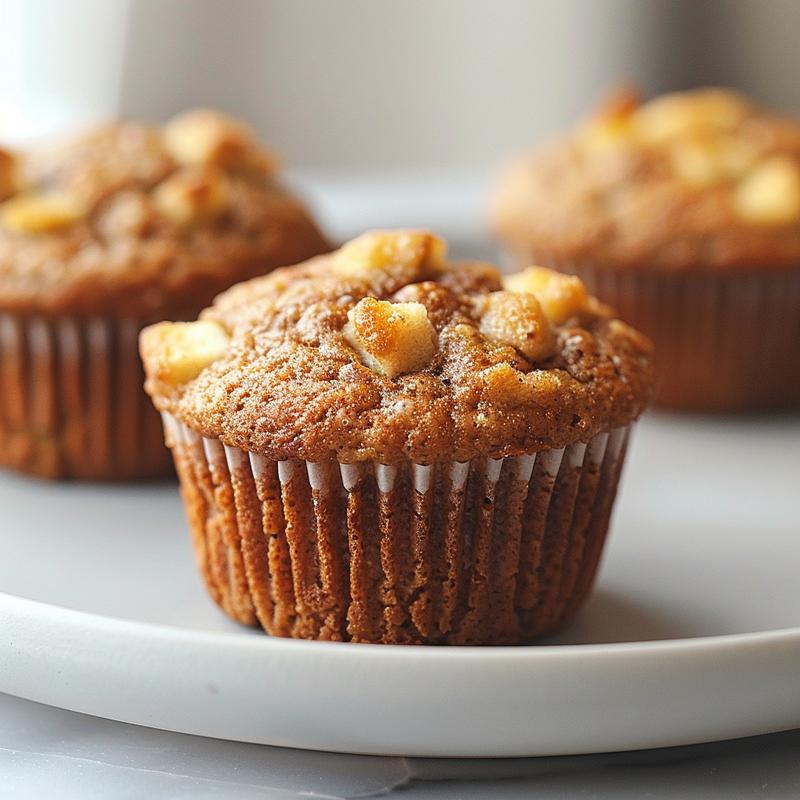 Close-up of healthy whole wheat applesauce muffins on a light grey plate.