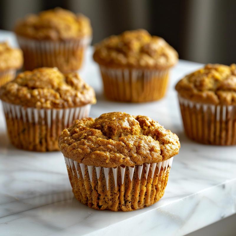 Close-up of a gluten-free pumpkin muffin with a textured surface on a white marble background.