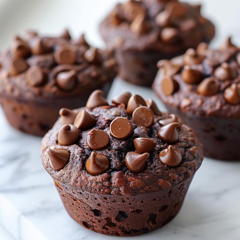 A close-up shot of a healthy chocolate muffin with a rich, textured surface on a white marble background.