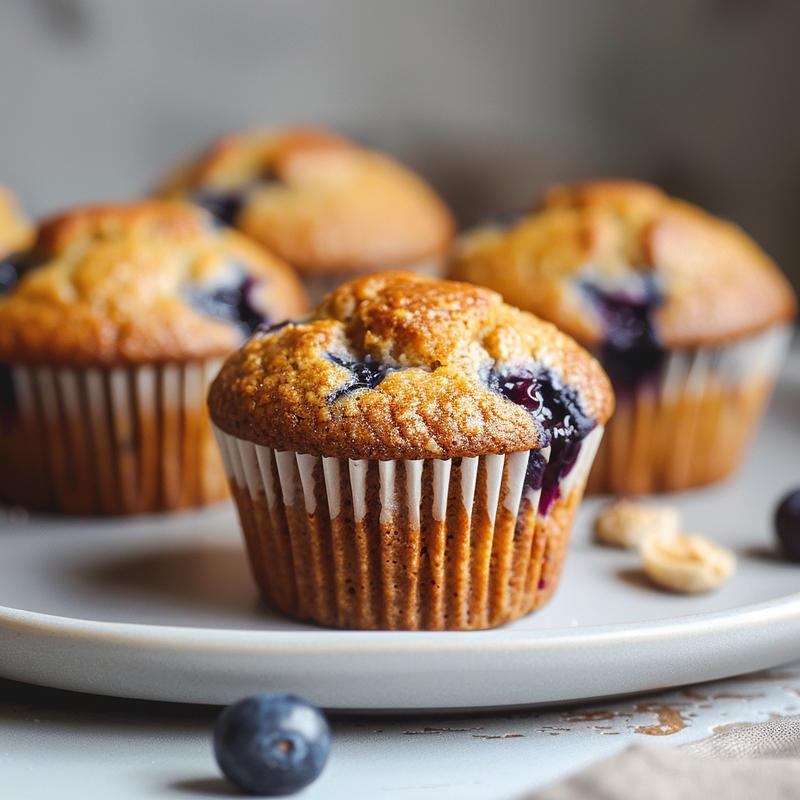 Close-up of moist almond flour blueberry muffins on a light grey plate.