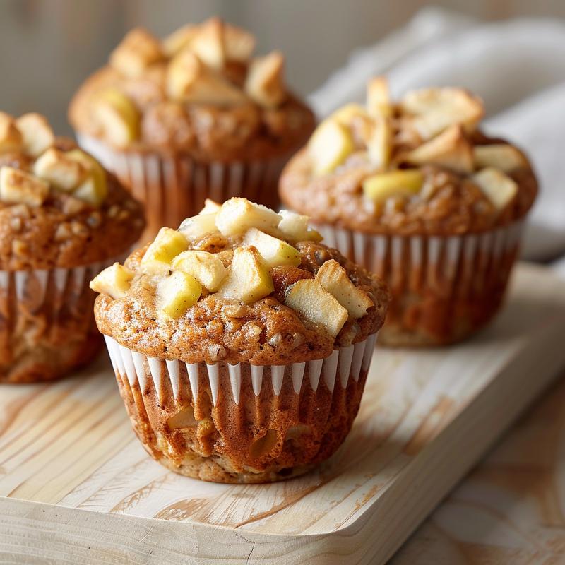 Close-up of whole wheat apple muffins on a light wood surface, showcasing their texture.