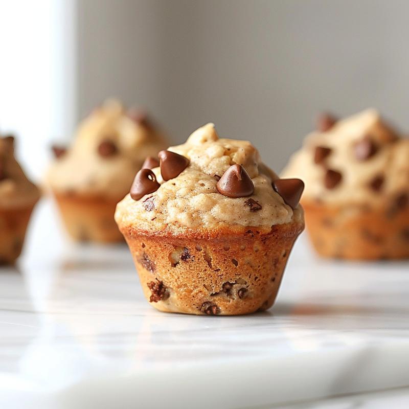 A close-up of banana chocolate chunk muffins on a white marble surface, showcasing their texture and chocolate chunks.