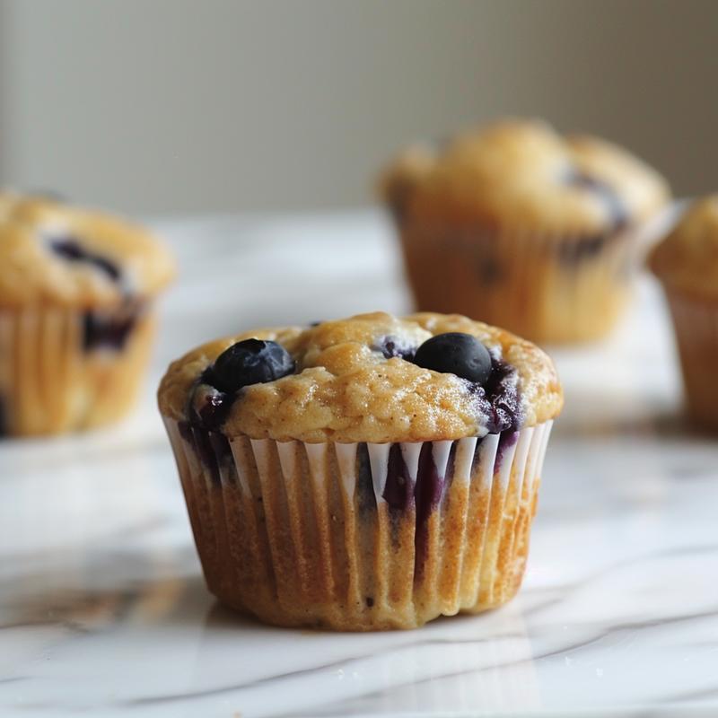 Close-up of a freshly baked blueberry muffin with a golden-brown top and a hint of Greek yogurt texture on a marble surface.