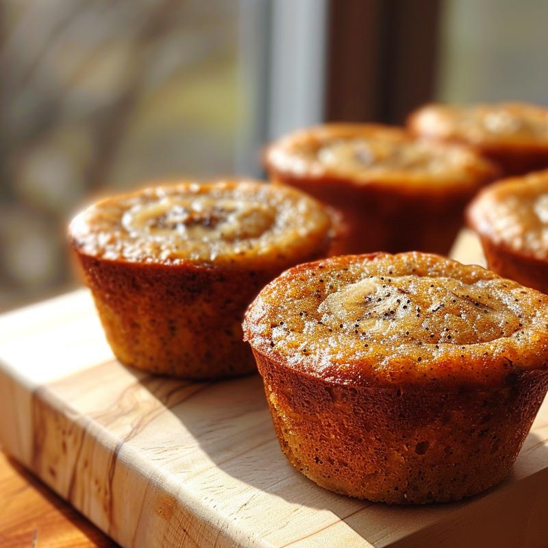Close-up of a golden brown low calorie Greek yogurt banana muffin on a rustic wood board.