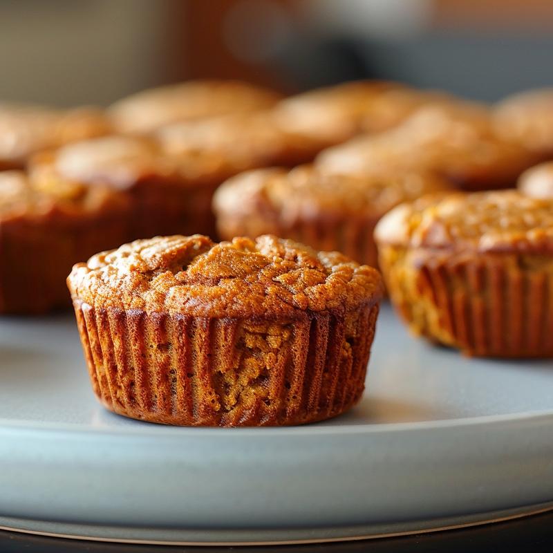Close-up of healthy pumpkin muffins made with almond flour on a light grey ceramic plate.
