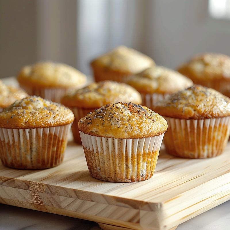 A close-up of fluffy high-protein Greek yogurt muffins on a light wood board, showcasing their texture.