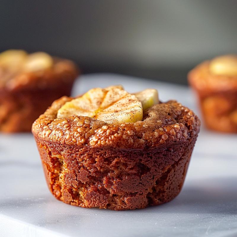 Close-up of a paleo apple cinnamon muffin on a white marble surface.