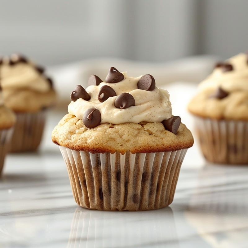 Close-up of moist chocolate chip muffins with a dollop of yogurt on a marble surface.