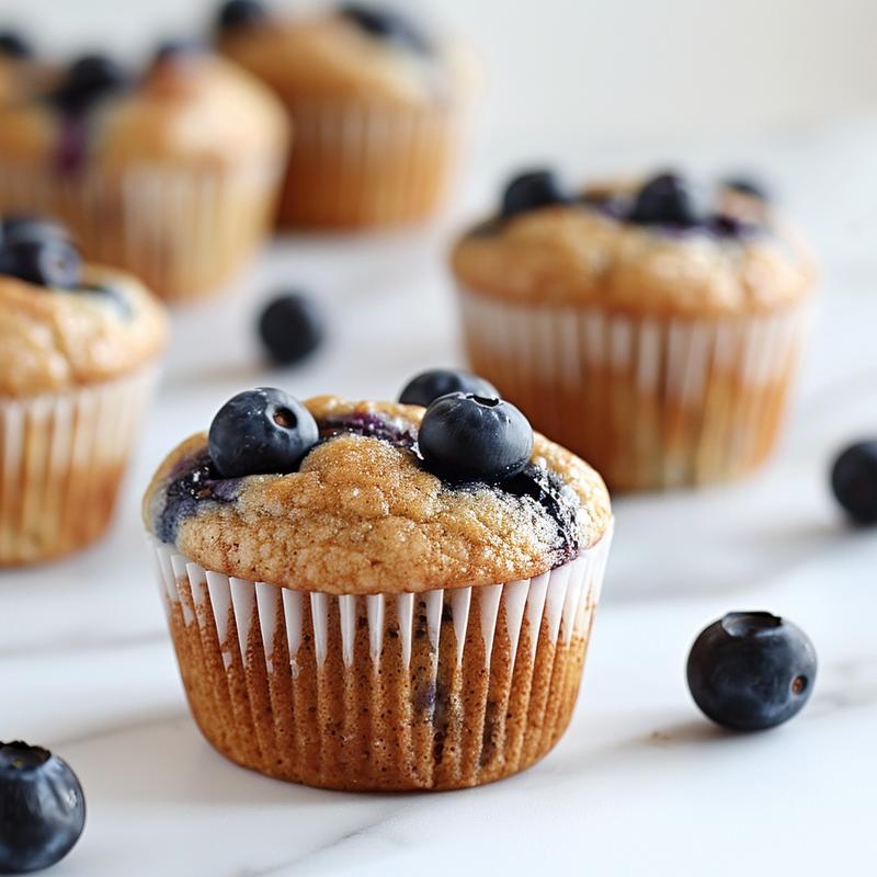 A close-up view of blueberry muffins on a white marble surface.