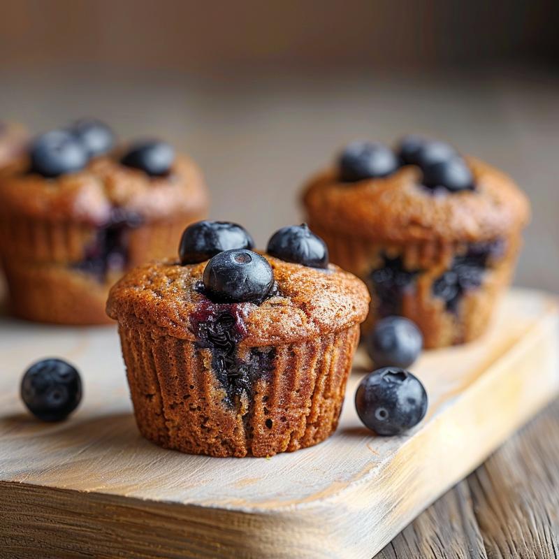 Close-up of healthy Greek yogurt blueberry protein muffins on a light wooden board.