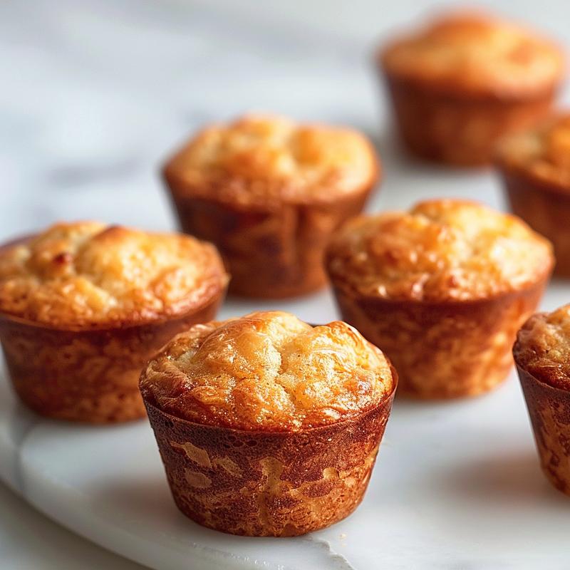 A close-up of golden-brown Greek yogurt mini muffins on a white marble surface, showcasing their texture.