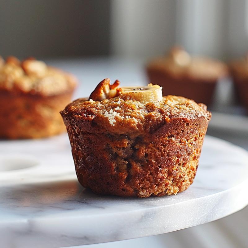 Close-up view of paleo banana bread muffins showcasing their textured surface on a white marble background.