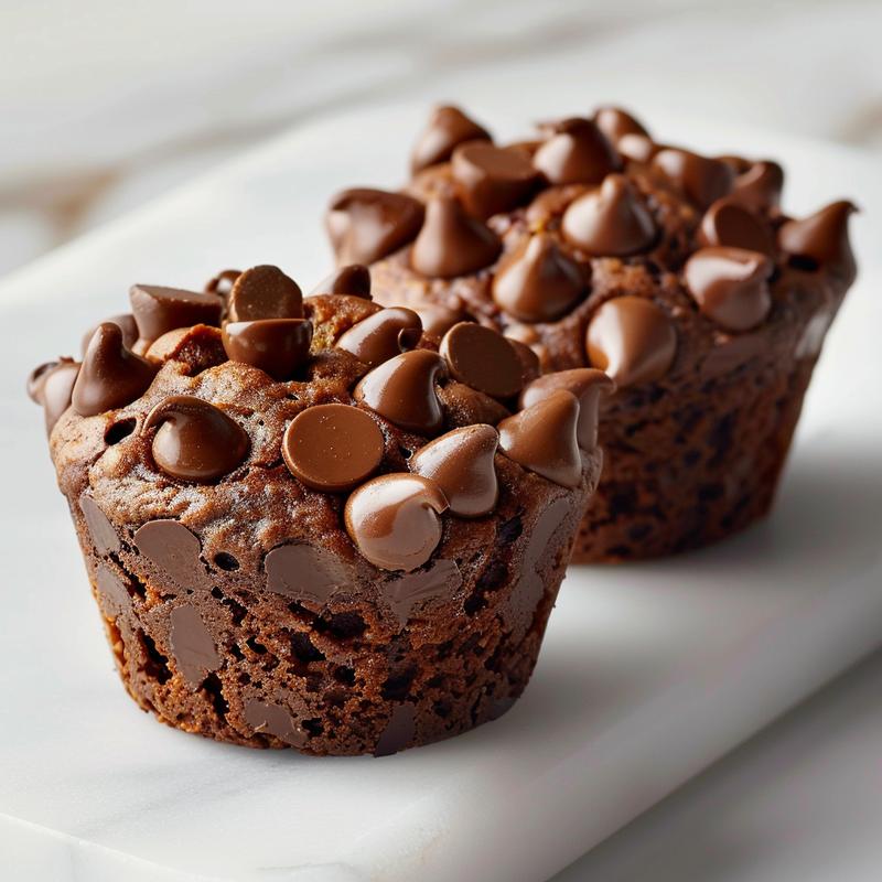 A close-up of chocolate banana muffins on a white marble surface, showcasing their texture and rich color.