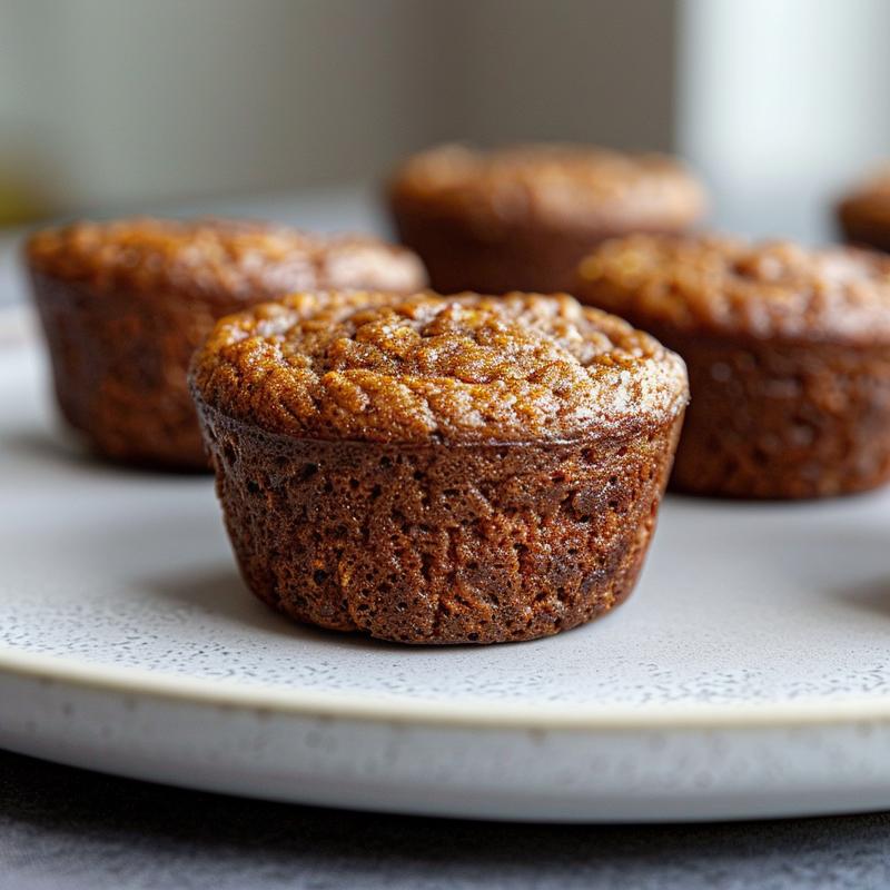 A close-up view of a delicious paleo banana protein muffin on a light grey ceramic plate.