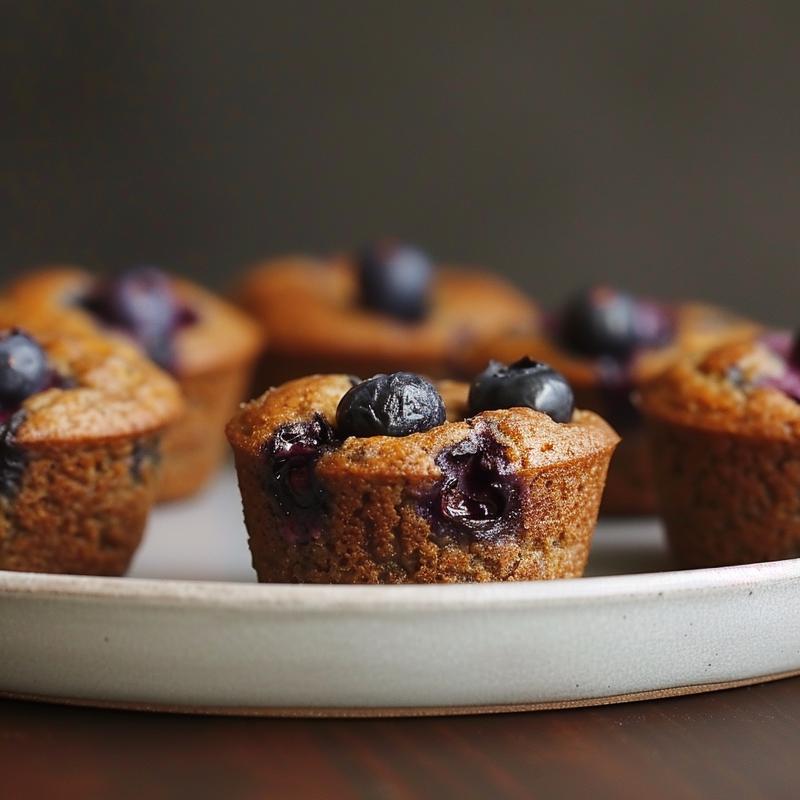 Close-up of a moist vegan blueberry muffin on a light grey ceramic plate.